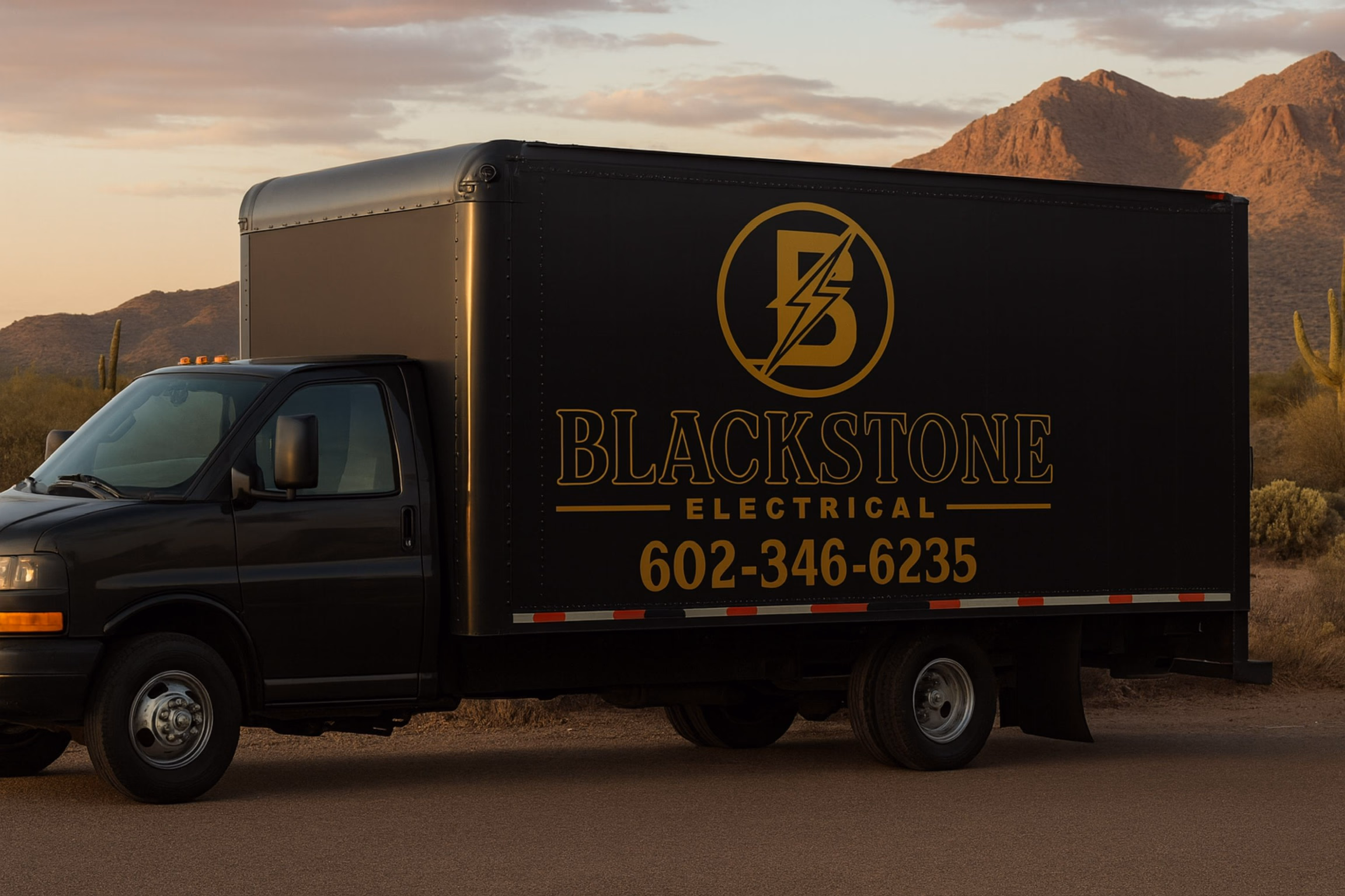 The Blackstone Electrical box truck in the Arizona desert at sunset with the gold lockup and phone number visible on the side
